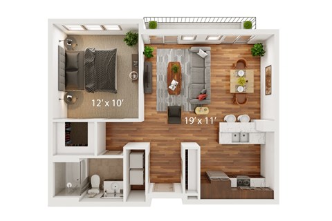 Floor plan for 1 bed, 1 bath, 836 sqft